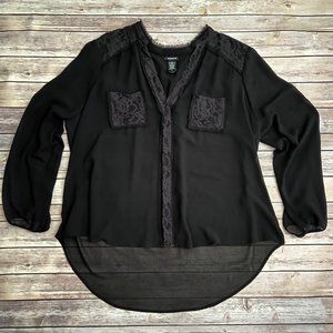 Torrid Mock Button Up Lace Blouse w/ Long Sleeves - Black